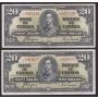 10x 1937 Canada $20 banknotes 10-notes F/VF or better