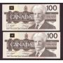 2x 1991 Canada $100 consecutive notes Knight Dodge BJW1599852-53 CH UNC