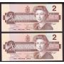 2x 1986 Canada $2 consecutive notes Crow Bouey AUJ6626706-7 BC55a CH UNC