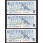 3x 1986 Canada $5 consecutive banknotes Theissen Crow FPZ0365123-25 CH UNC