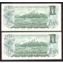 2x 1973 Canada $1 consecutive banknotes Lawson Bouey PA 6426103-04 UNC