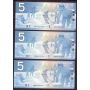 5X Canada $5 notes Toboggan Hockey Snowflakes Skating 2001-08 Choice UNC 