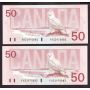 4X 1988 Canada $50 Snowy Owl consecutive notes FHZ2970882-85 CH UNC+