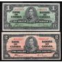 2x 1937 Canada banknotes $1 X/M9433951 & $2 B/R6809147 Coyne Towers VF+