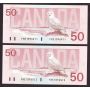 4X 1988 Canada $50 Snowy Owl consecutive notes FME1596411-14 CH UNC+