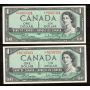 2X 1954 Canada $1 consecutive replacement notes BR *N/Y 0707324-25 AU/UNC