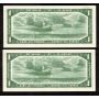 2X 1954 Canada $1 consecutive replacement notes BR *N/Y 0707324-25 AU/UNC