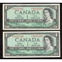 2X 1954 Canada $1 consecutive replacement notes BR *N/Y 0707285-86 CH UNC