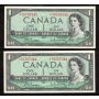 2X 1954 Canada $1 consecutive replacement notes BR *N/Y 0707343-44 CH UNC