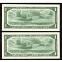 2X 1954 Canada $1 consecutive replacement notes BR *N/Y 0707343-44 CH UNC