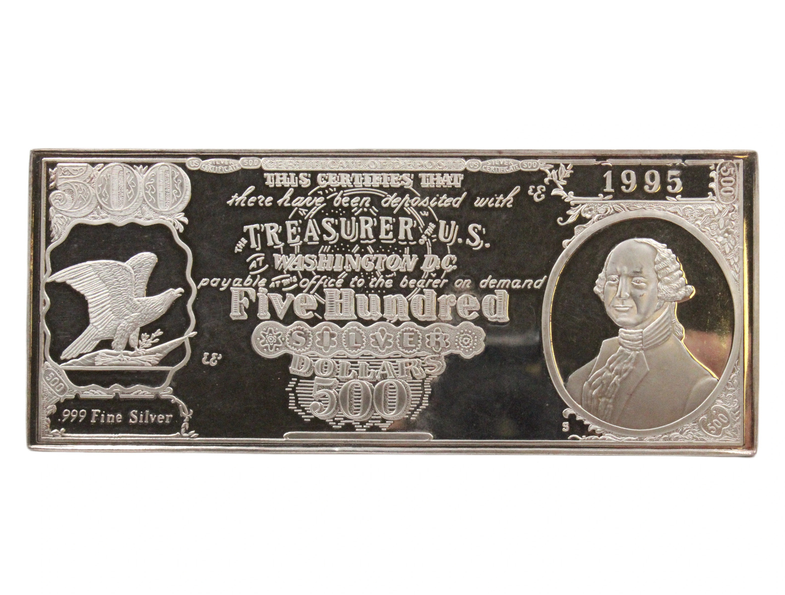 1995 $500 Washington Mint Silver Certificate Bar –1/2 Pound.999